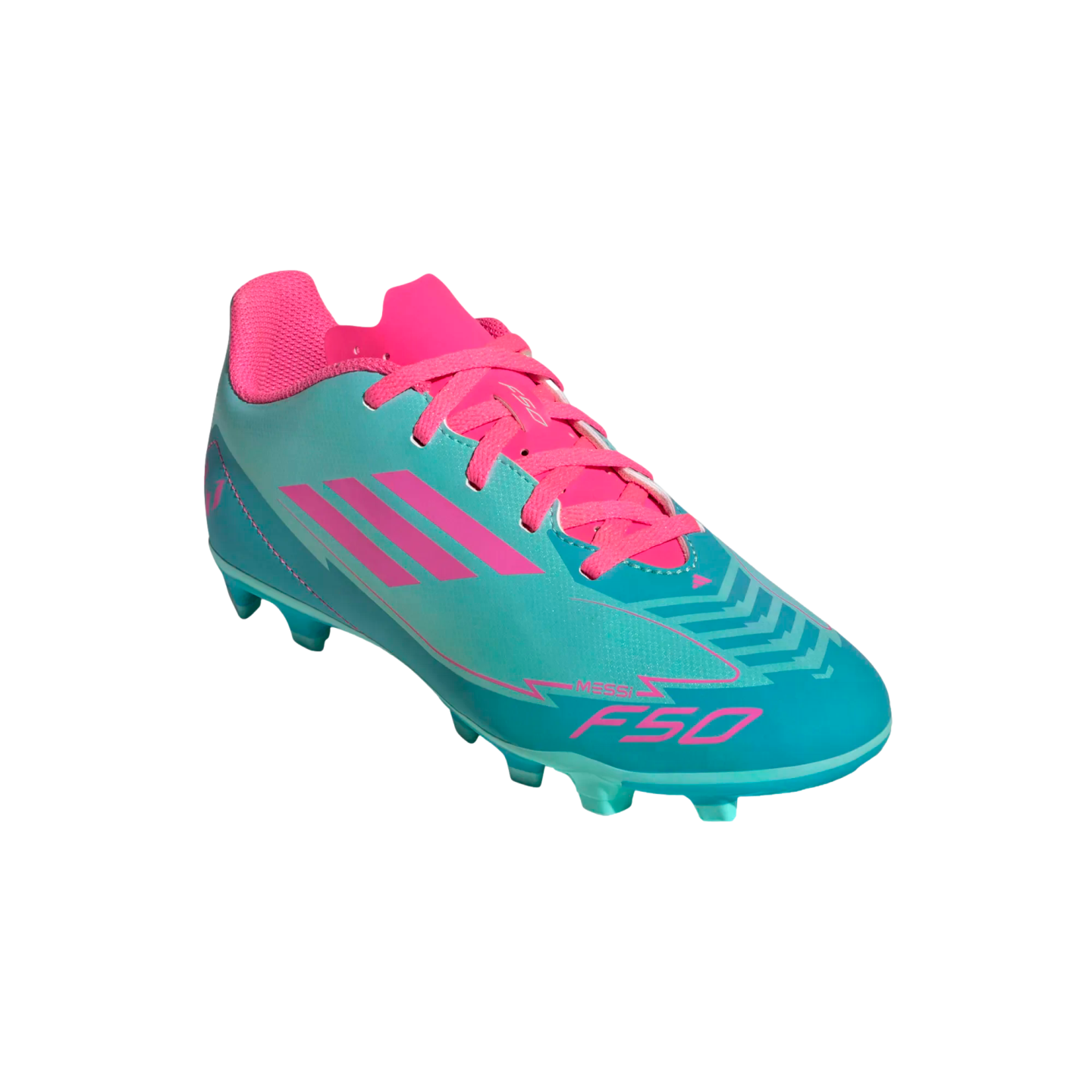 A cyan and bright pink Adidas Messi F50 soccer cleat against a white background.