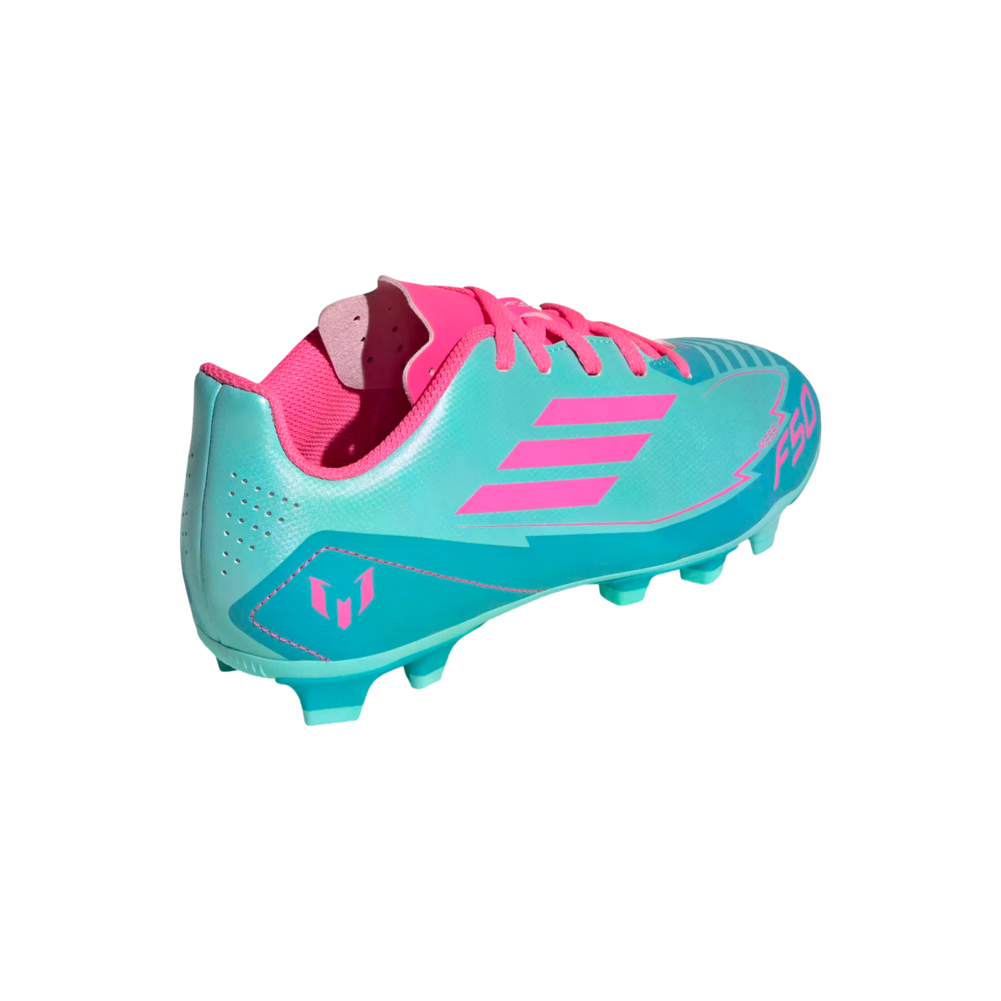 Turquoise and pink soccer cleat featuring bright pink laces, three stripes, and a Messi logo on the heel.