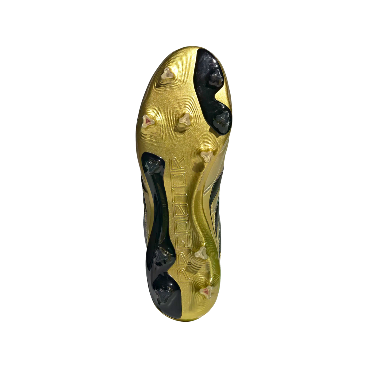 Bottom view of a gold and black soccer cleat soleplate with studs and "PREDATOR" embossed vertically against a black background.