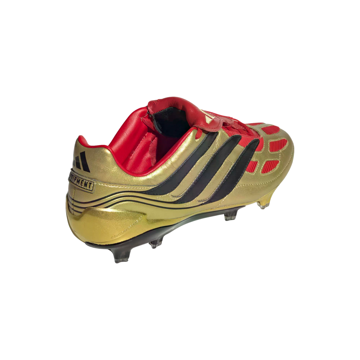 Gold Adidas Predator soccer cleat with black stripes and a red tongue, shown from a rear three-quarter angle against a black background.