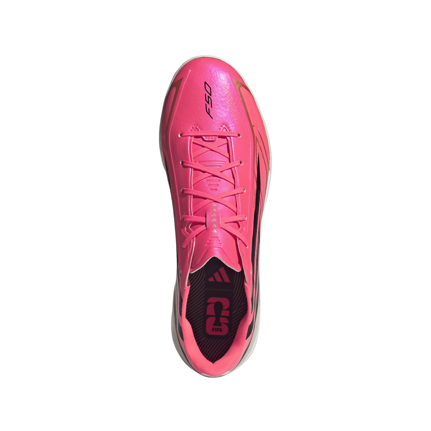Top-down view of a vibrant pink Adidas F50 soccer cleat with pink laces and black accents, isolated on a white background.