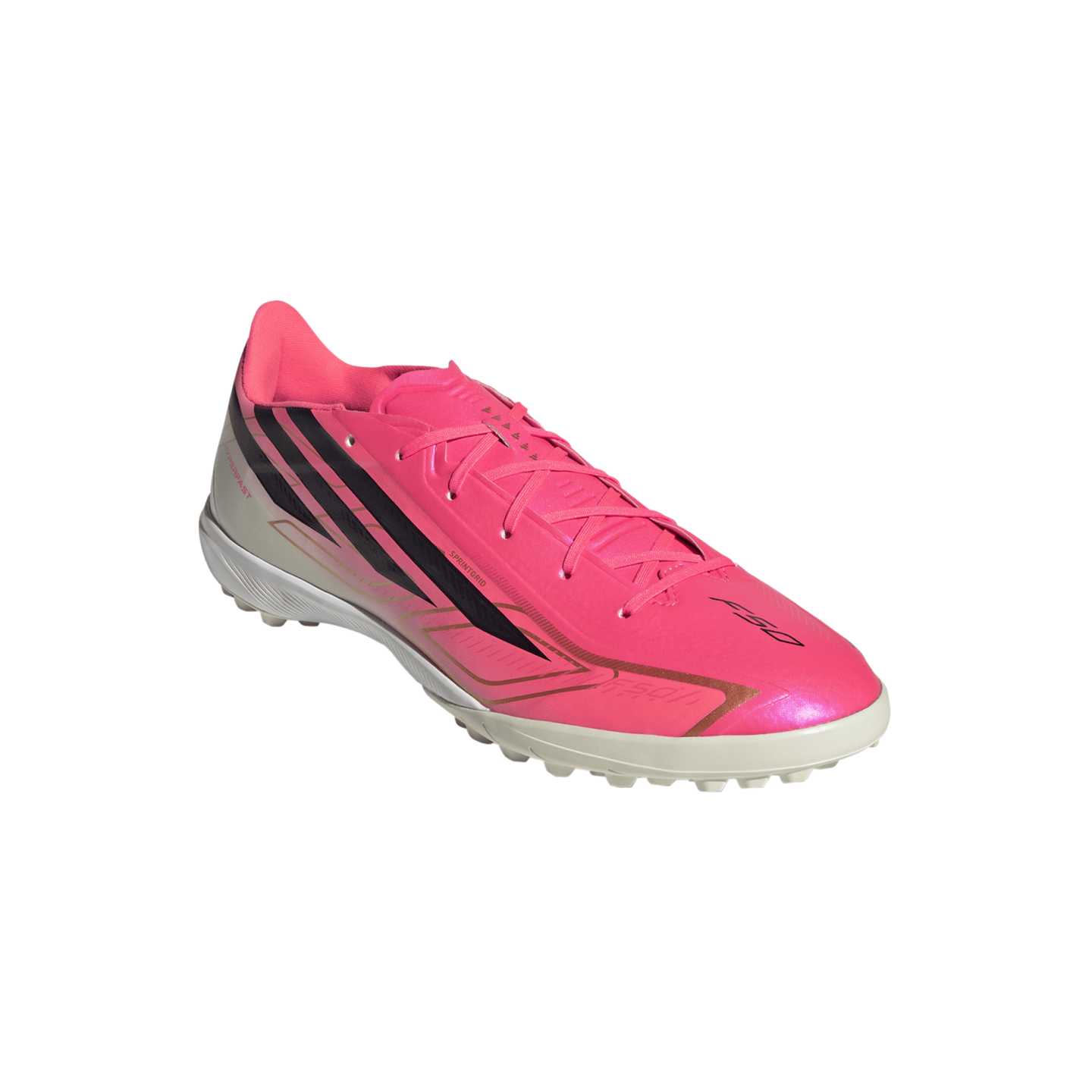 Bright pink Adidas F50 turf soccer shoe featuring black stripes and gold accents with a white studded sole.