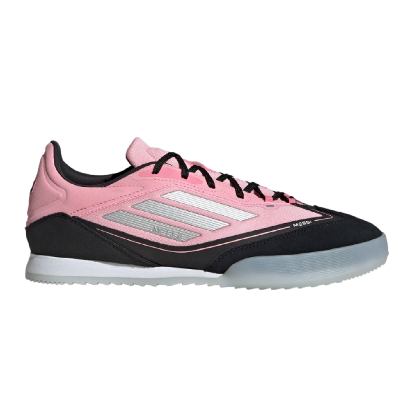 A side profile of a pink and black Adidas Messi soccer shoe with silver stripes and a translucent sole, isolated on a white background.