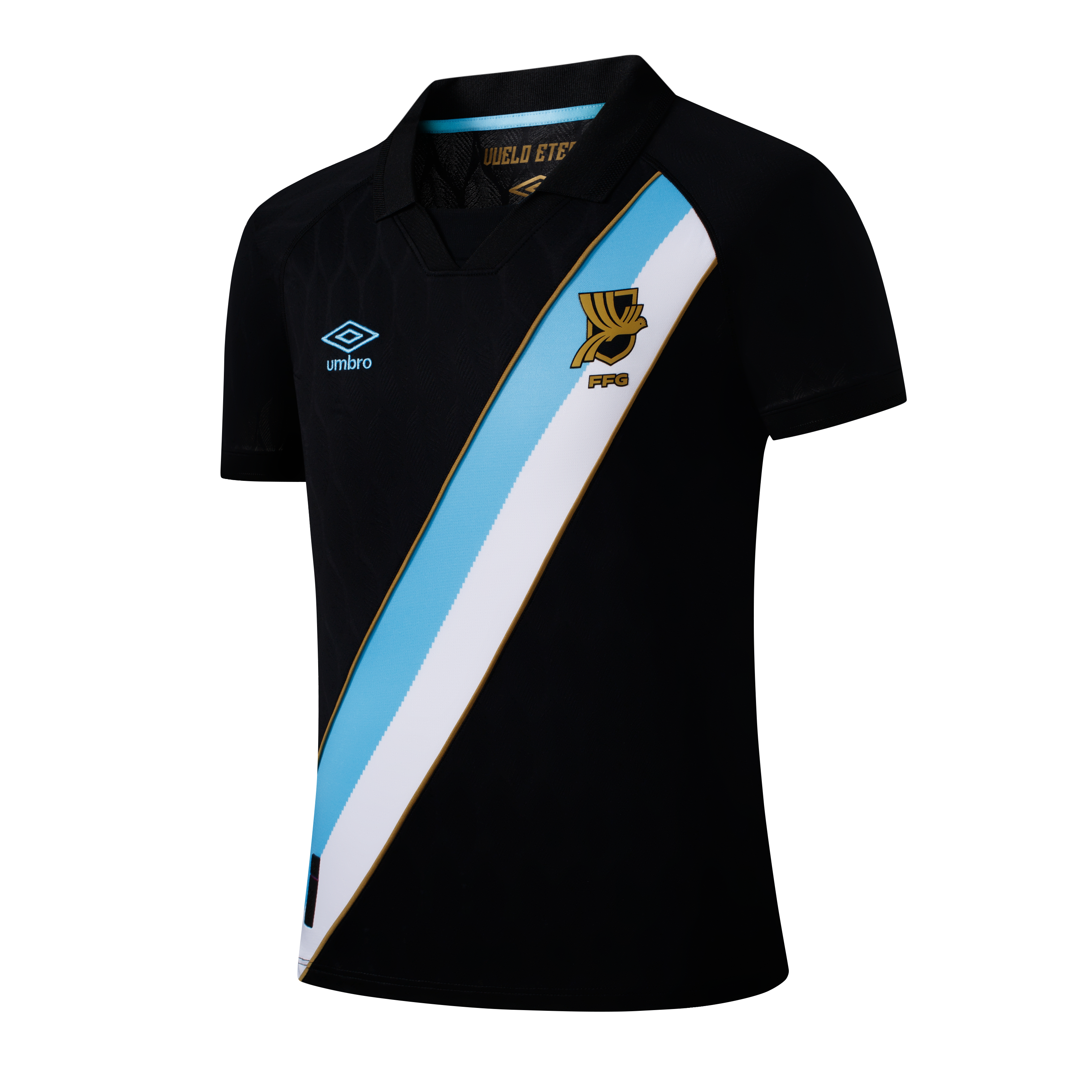 A black Umbro soccer jersey with a diagonal light blue and white sash. It features a gold team crest on the left chest and a light blue Umbro logo on the right chest.