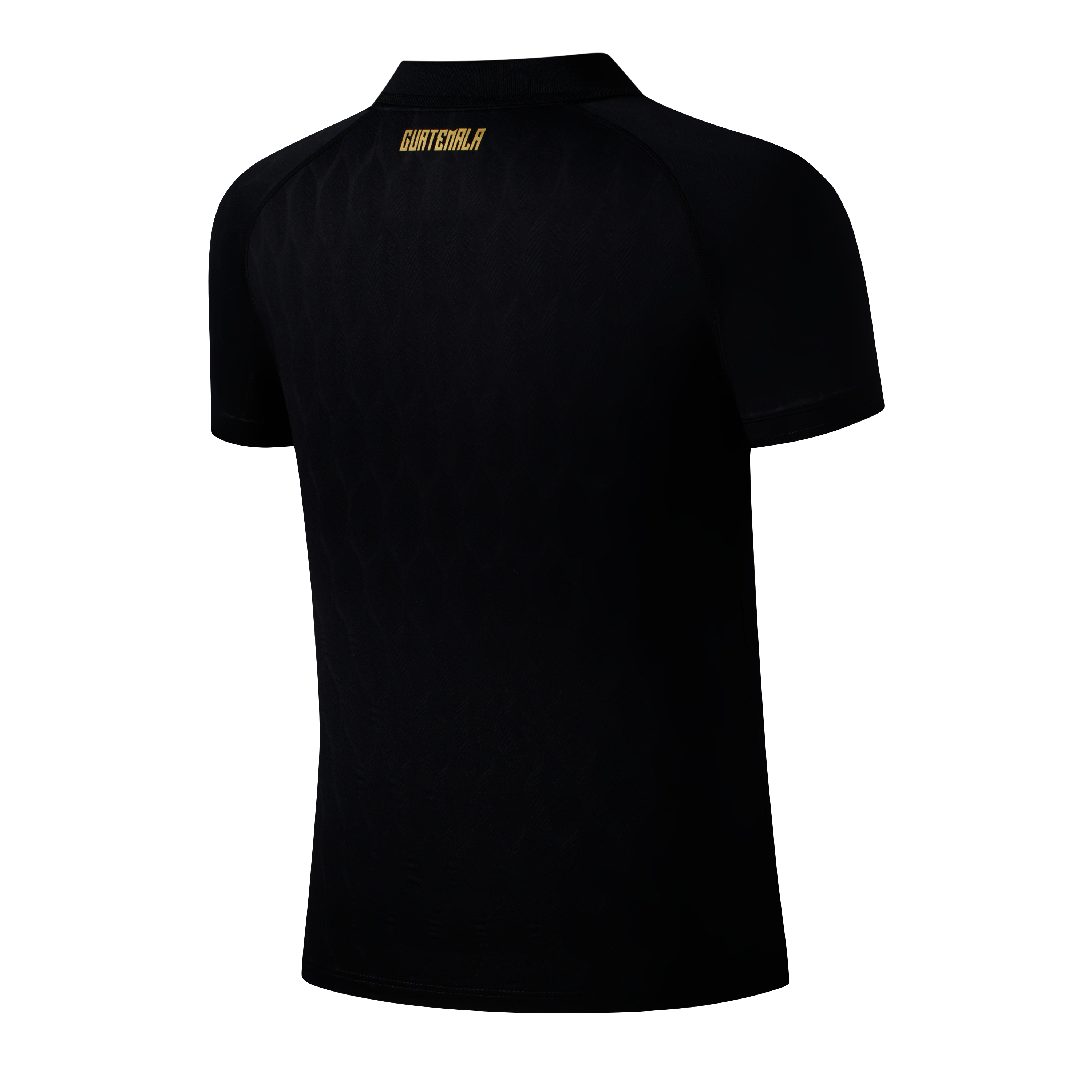 Back view of a black short-sleeved soccer jersey on a mannequin. "GUATEMALA" is printed in gold on the upper back.