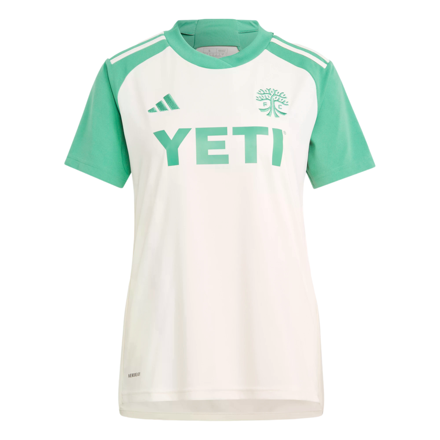 White Austin FC soccer jersey with light green sleeves and collar, featuring a large green Yeti sponsor logo on the chest and Adidas branding.