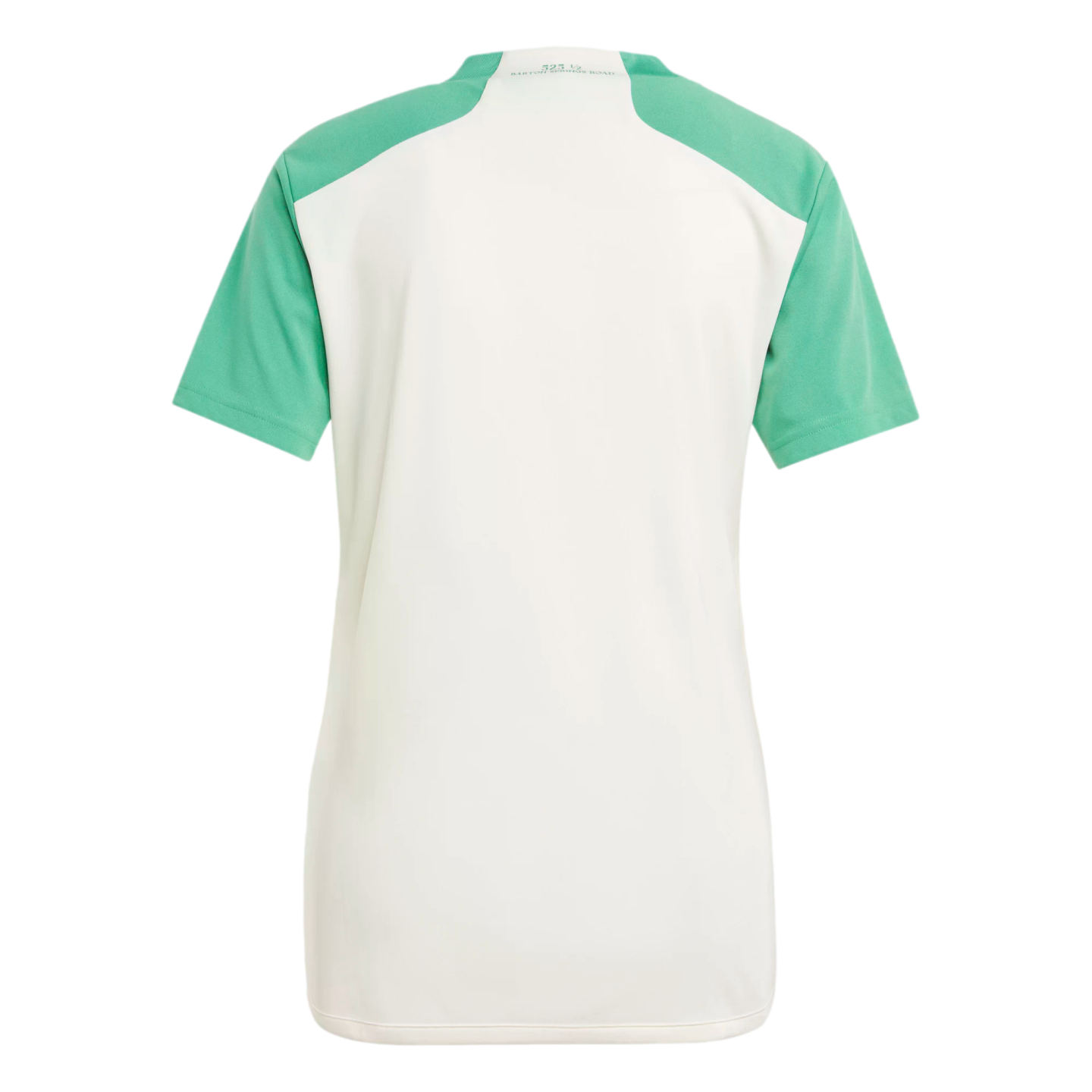 Back view of a white sports shirt featuring bright green short sleeves and shoulder panels on a solid black background. Small text is printed on the back neck.