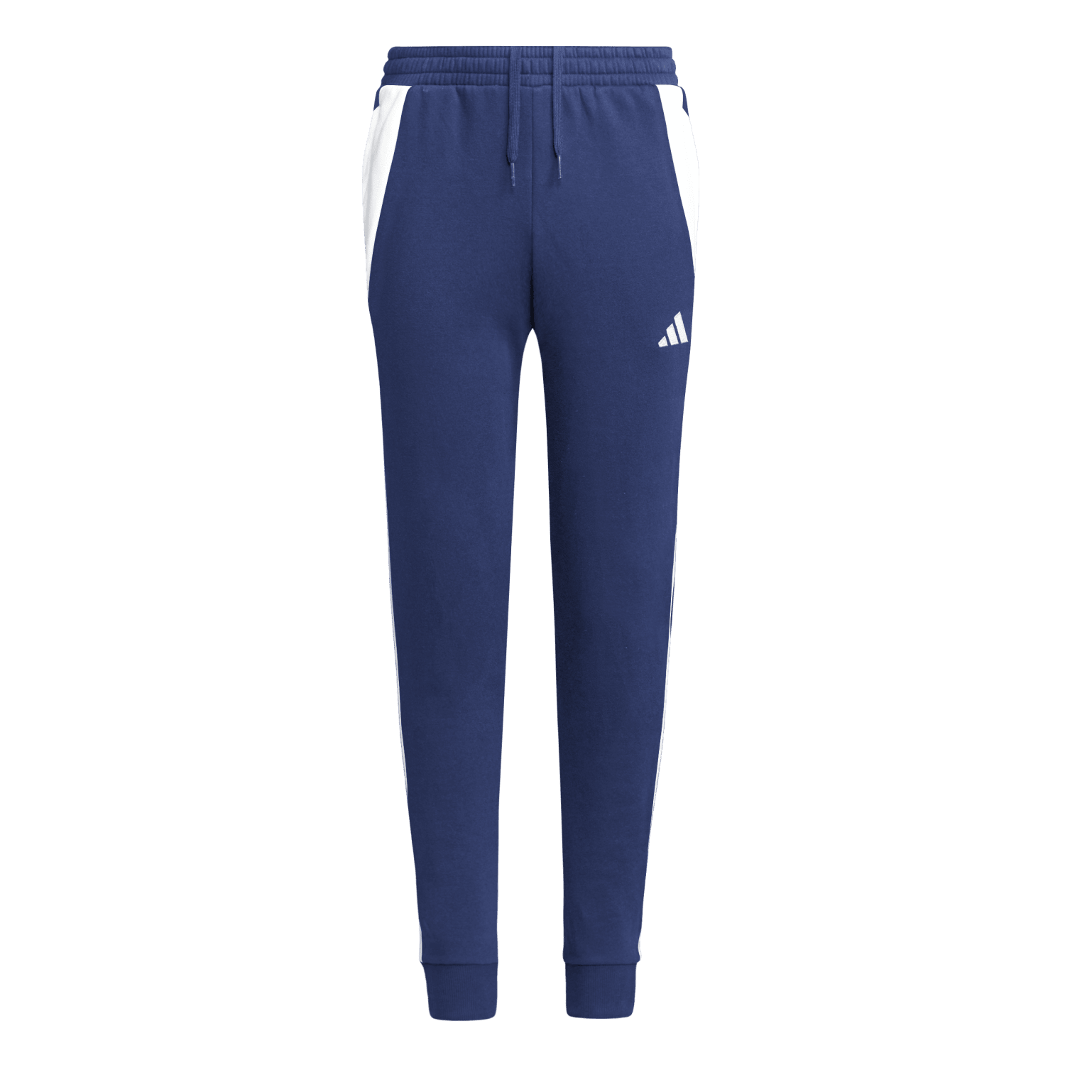 Blue Adidas sweatpants featuring white side panels near the waist, a white logo on the left thigh, a drawstring waist, and ribbed ankle cuffs.