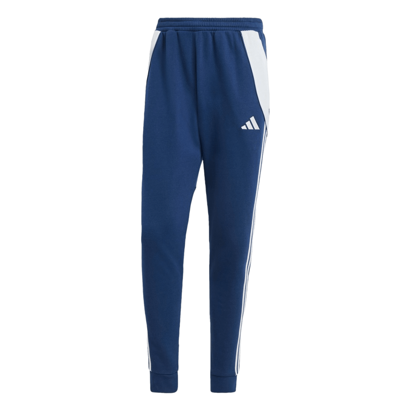 Dark blue Adidas track pants with white hip panels, side stripes, an elastic waistband, and cuffed ankles.