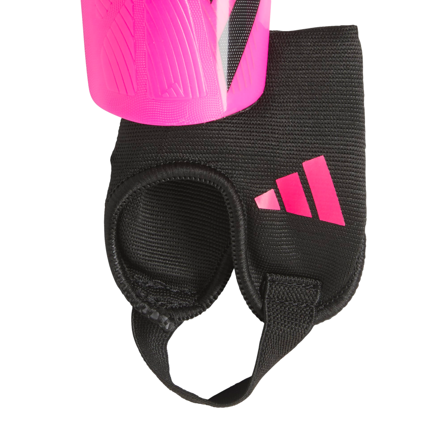 Pink Adidas shin guard shell and black padded ankle protector with a stirrup strap and pink three-stripe logo.