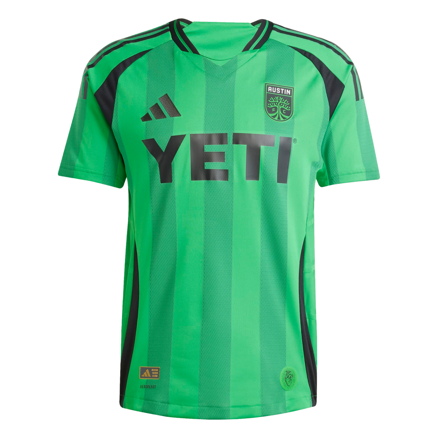 A green Austin FC soccer jersey with black accents, a large YETI logo on the chest, and the team's tree-themed crest.