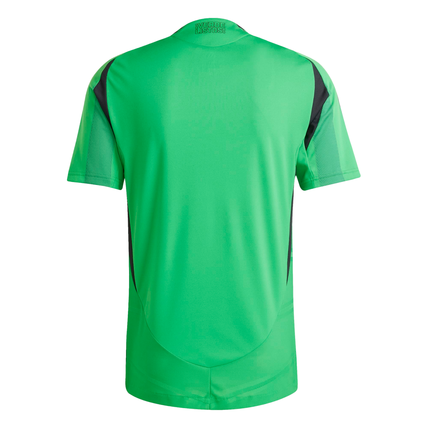 Back of a bright green short-sleeved jersey with black side panels and "¡VERDE LISTOS!" printed on the back neck.