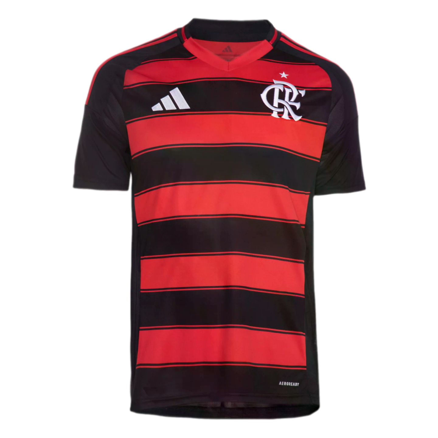 Adidas Flamengo home soccer jersey with red and black horizontal stripes, short black sleeves, and white club crest on the chest.