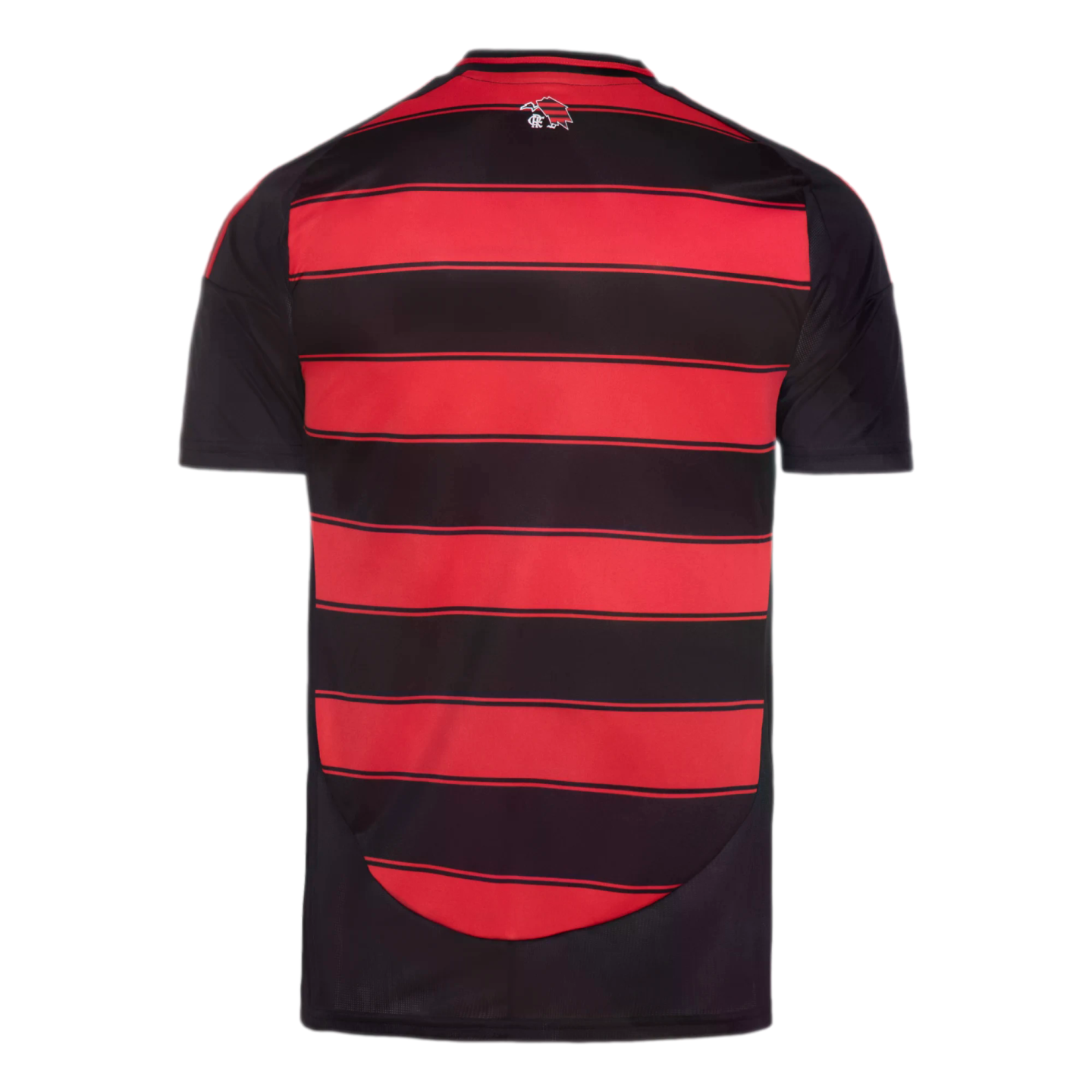Back view of a red and black horizontally striped soccer jersey with solid black sleeves and a small logo below the collar.