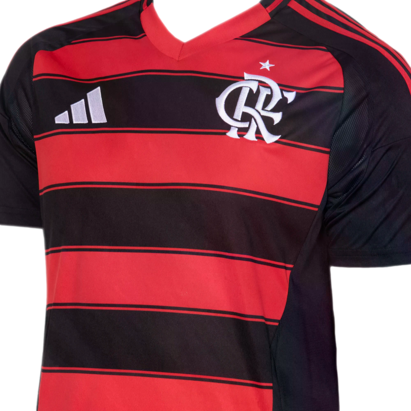 A red and black striped Flamengo soccer jersey with a white Adidas logo and club crest.