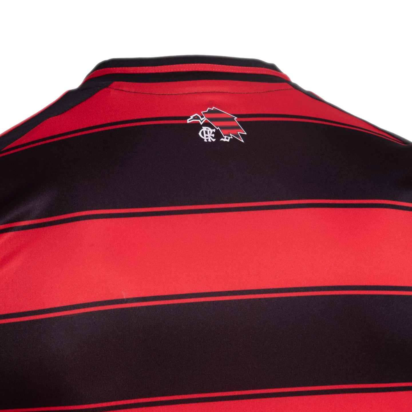 Close-up of the back of a red and black horizontal striped sports jersey. A small logo featuring a stylized vulture and a crest is centered below the collar.