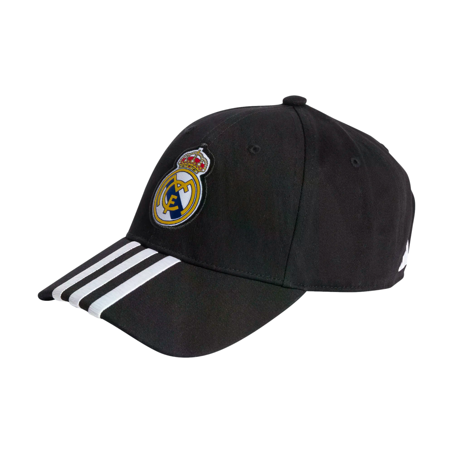 Black baseball cap featuring the Real Madrid C.F. crest on the front and three white Adidas stripes on the left side of the brim.