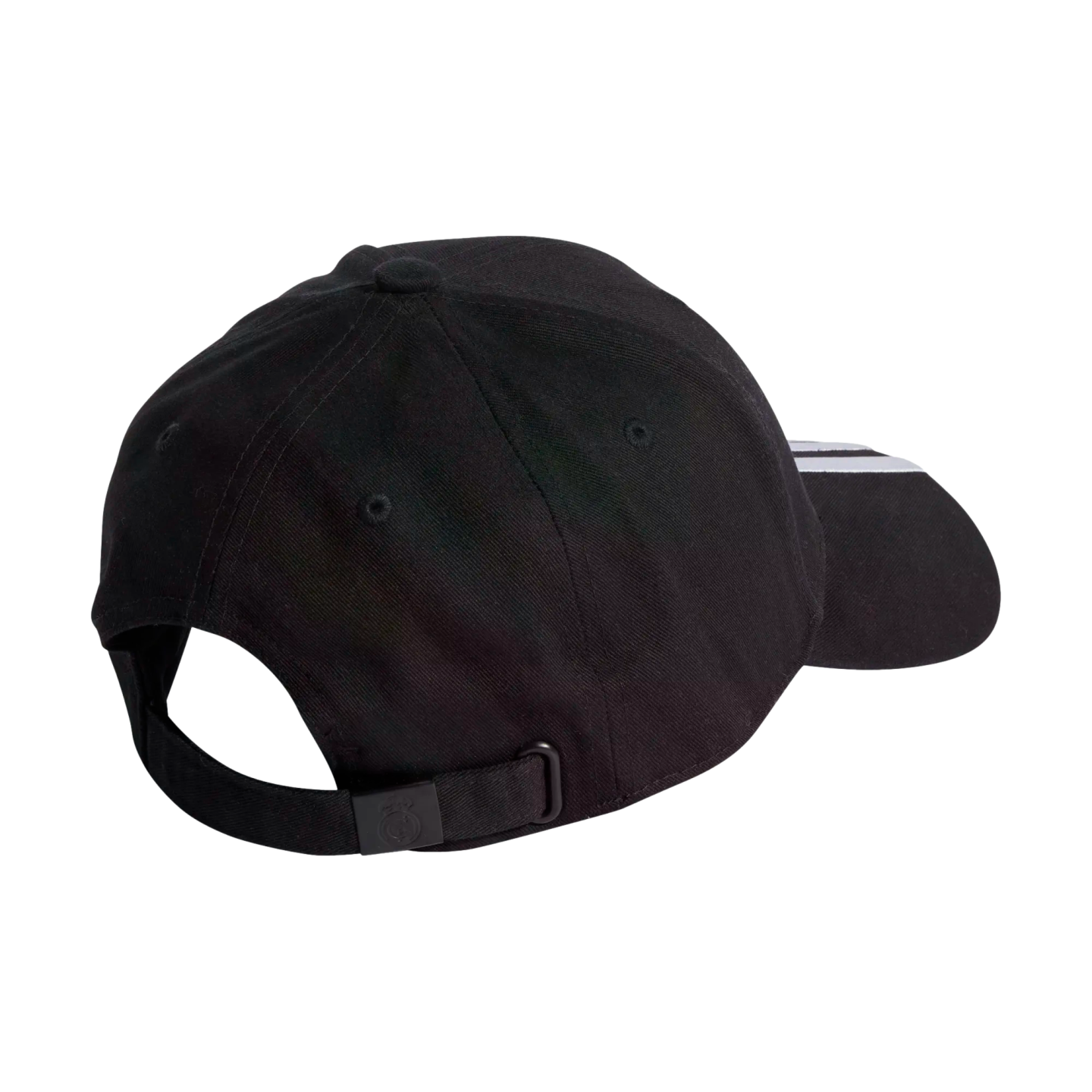 Back view of a black baseball cap featuring an adjustable strap and white stripes on the side of the brim.