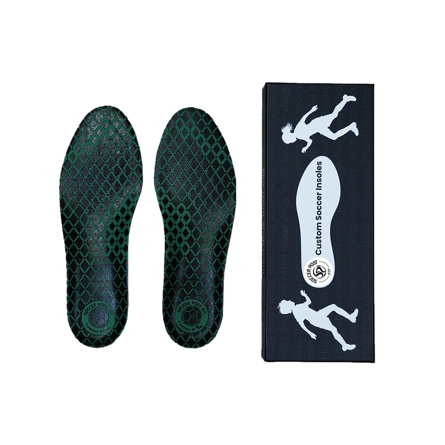 A pair of black Soccer Post Fit Insoles - High Arch featuring a green diamond pattern, shown next to their black retail box with white graphics and branding.