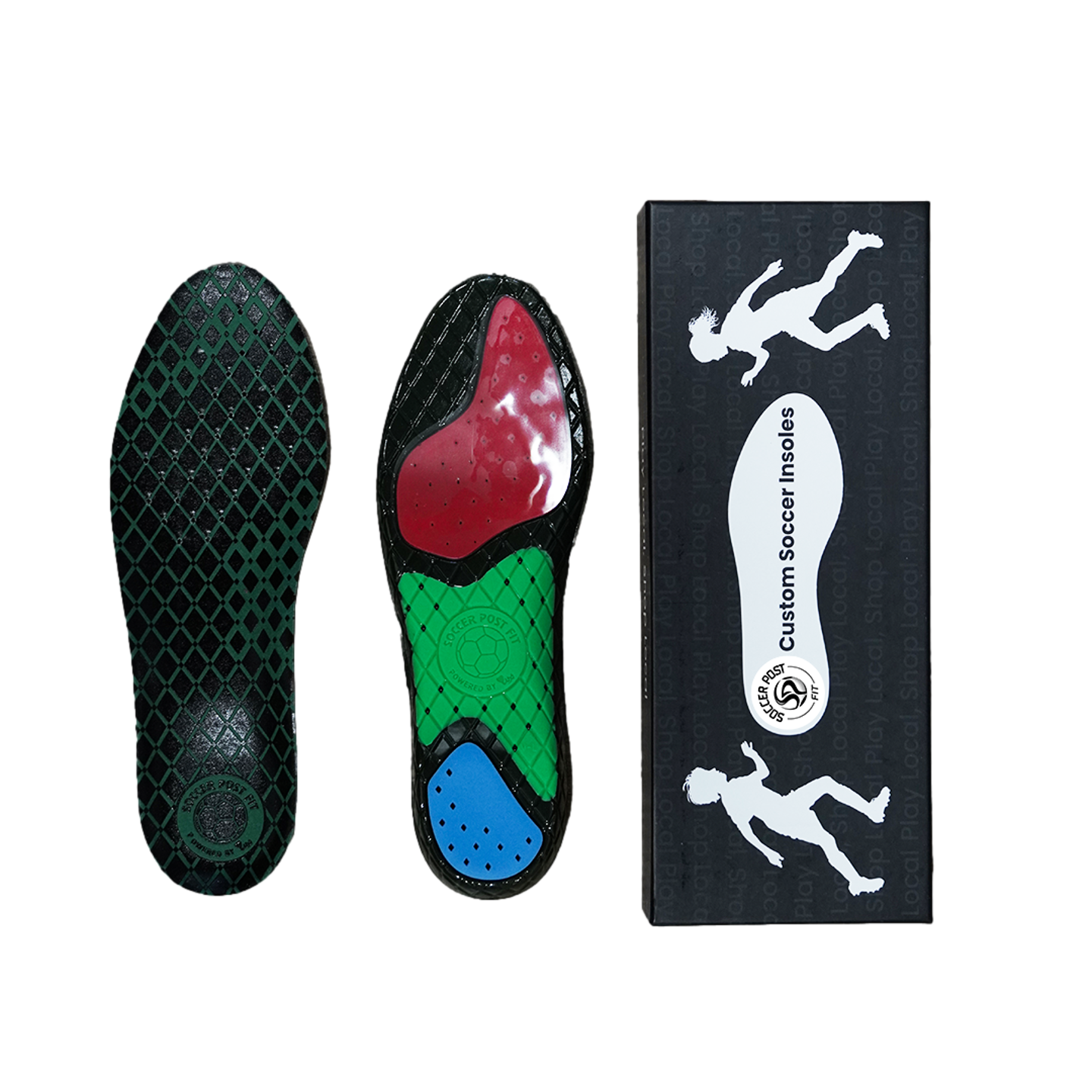 A pair of Soccer Post Fit Insoles - High Arch shown with their product box. One insole displays the top with a green diamond pattern, and the other shows the bottom with red, green, and blue zones for support.