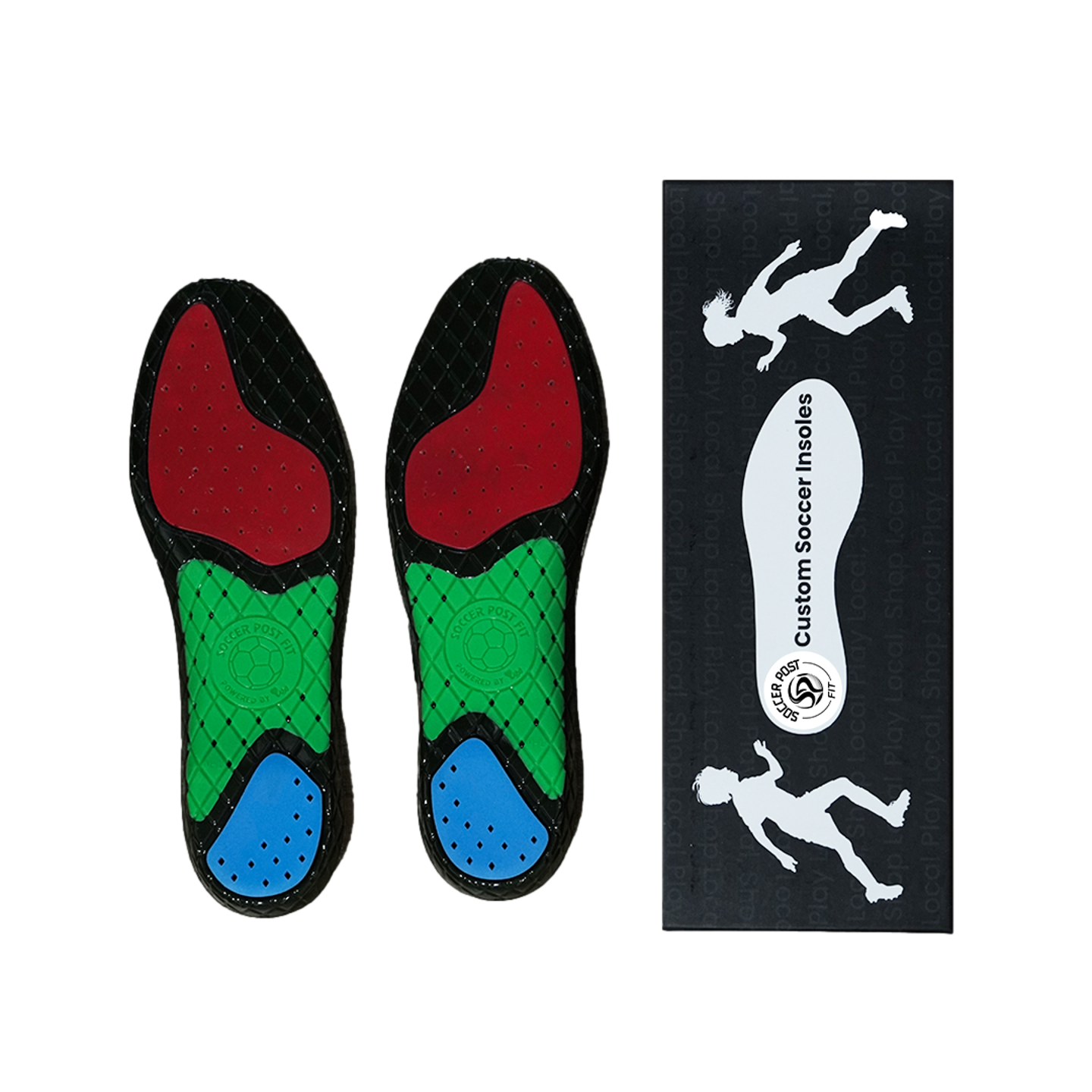 A pair of Soccer Post Fit High Arch insoles with red, green, and blue colored sections, shown next to their black packaging box.
