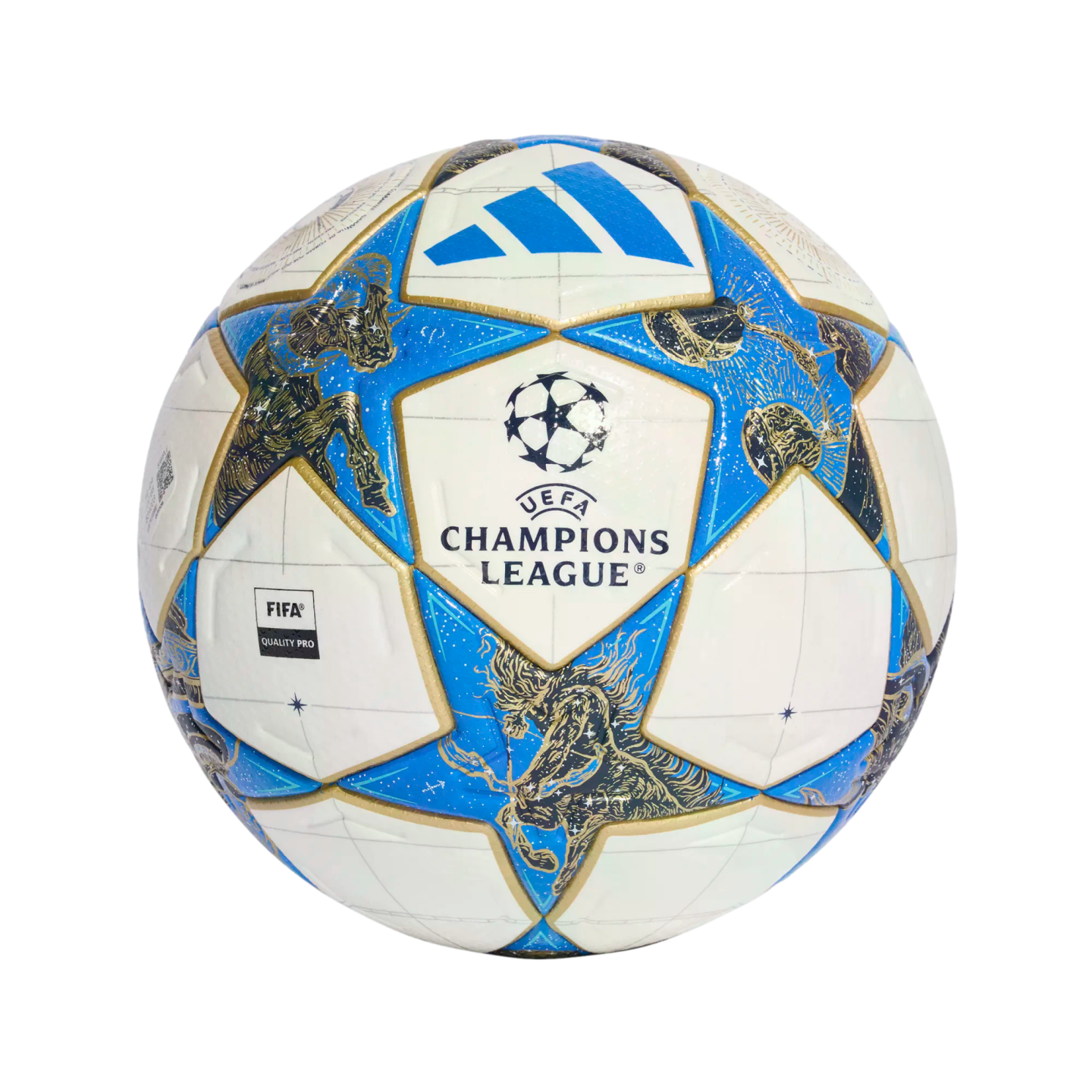 Adidas UEFA Champions League soccer ball featuring white panels and blue stars with gold trim and mythological illustrations. Includes the Adidas and Champions League logos.