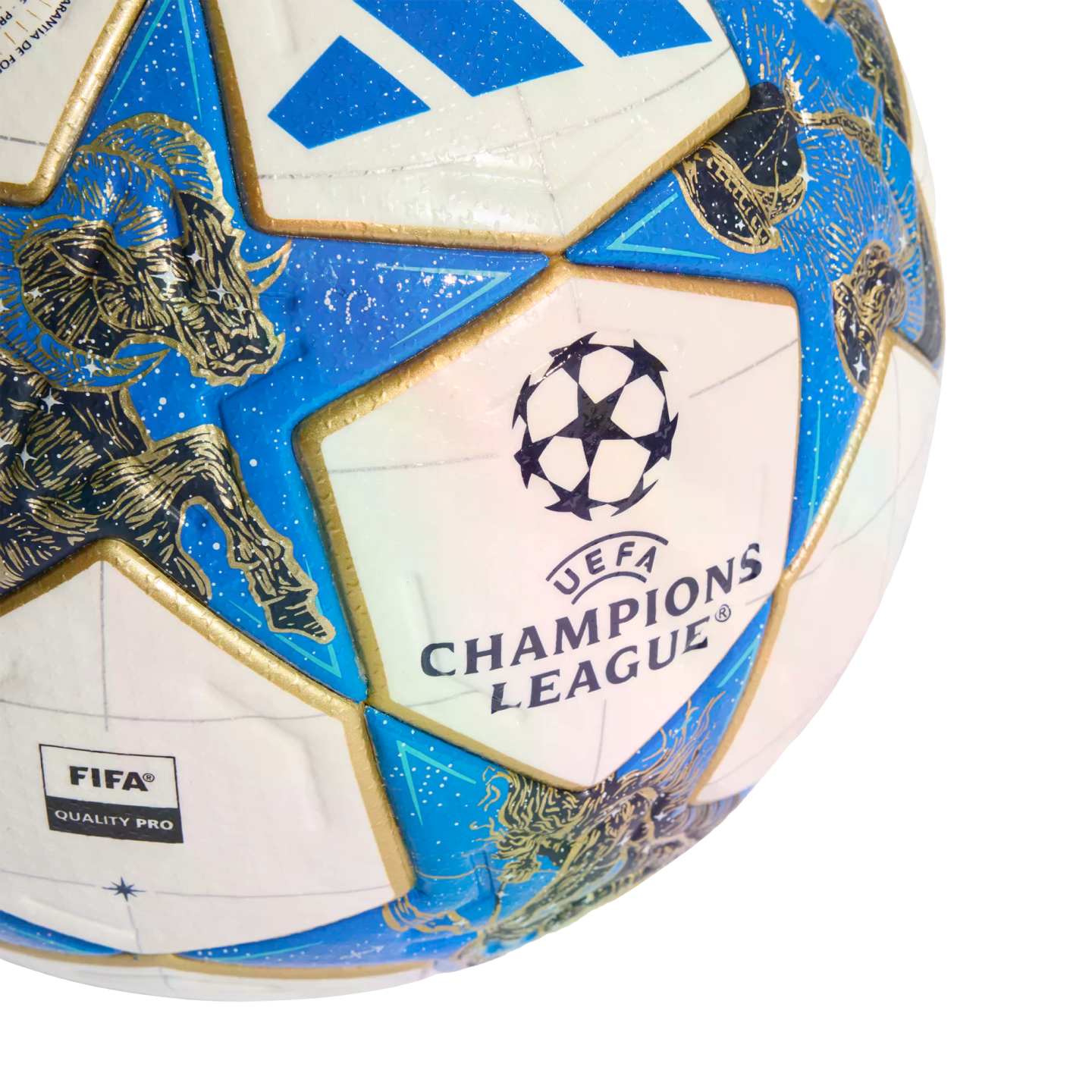 Close-up of a blue and white UEFA Champions League soccer ball featuring gold-trimmed star panels and detailed bull illustrations.