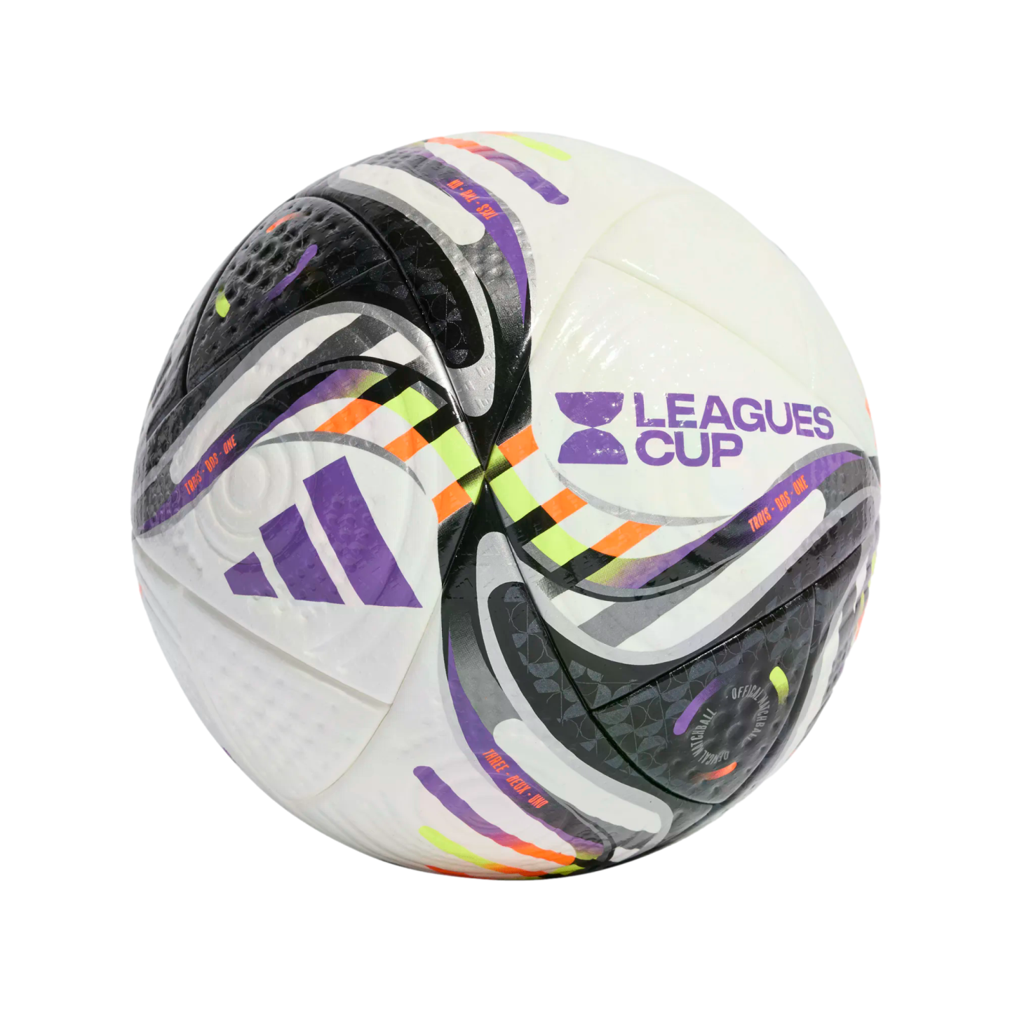 An Adidas soccer ball for the Leagues Cup featuring white panels with black, purple, orange, and lime green graphics and logos.