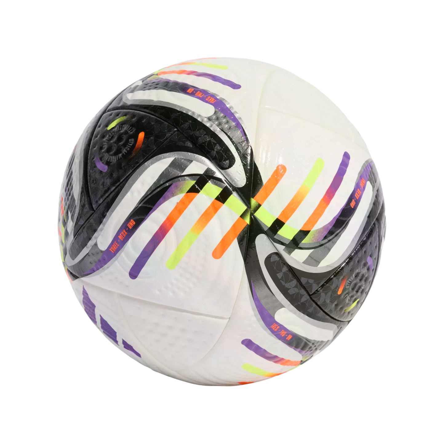 A white soccer ball with black paneling and colorful purple, orange, and lime green diagonal stripes throughout, set against a solid black background.