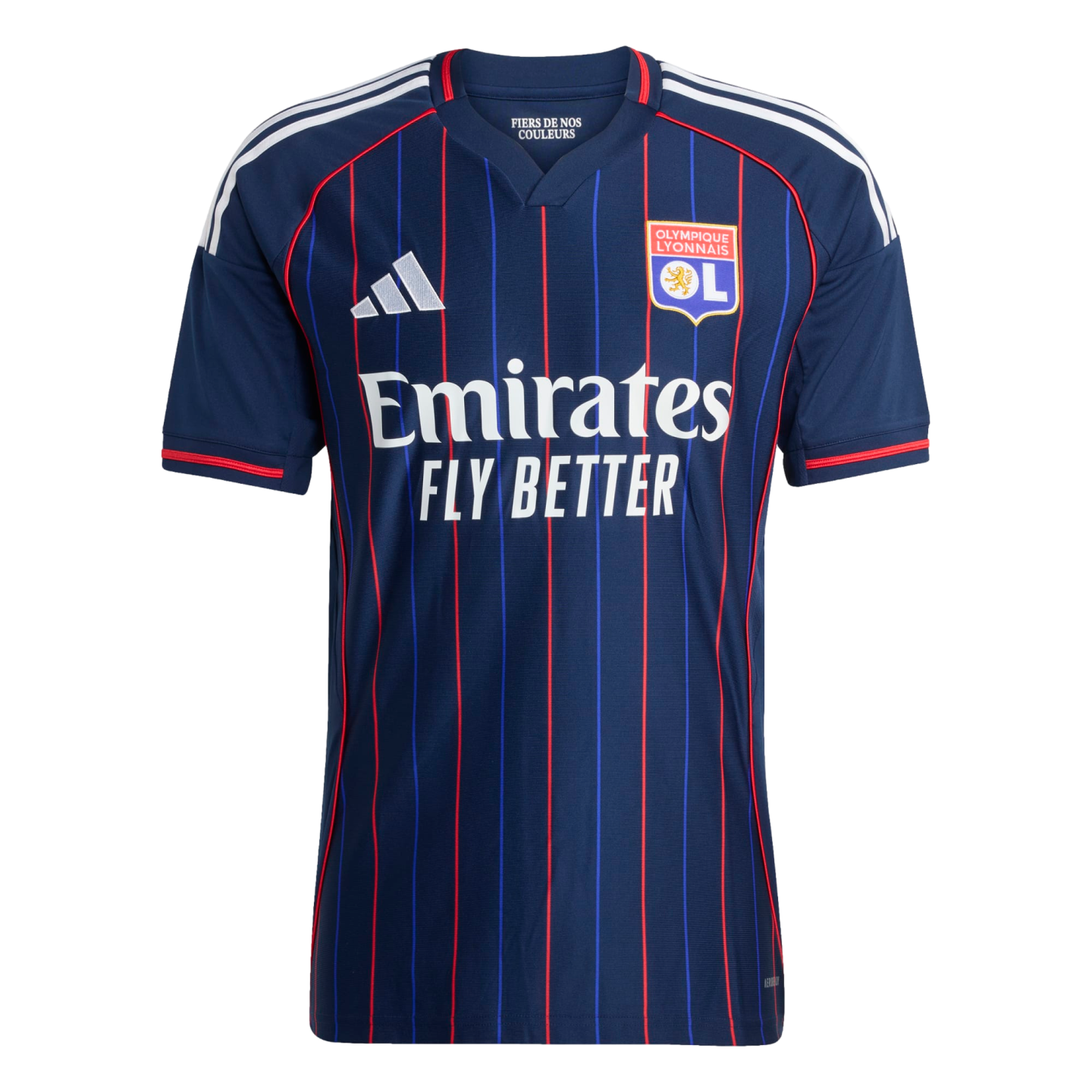 Dark blue Olympique Lyonnais jersey with red and blue vertical pinstripes, featuring the Adidas logo, club crest, and "Emirates FLY BETTER" sponsor.