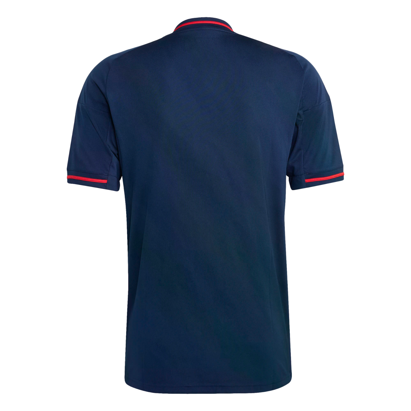 Back view of a navy blue short-sleeved shirt featuring thin red accent stripes on the collar and sleeve cuffs, set against a solid black background.