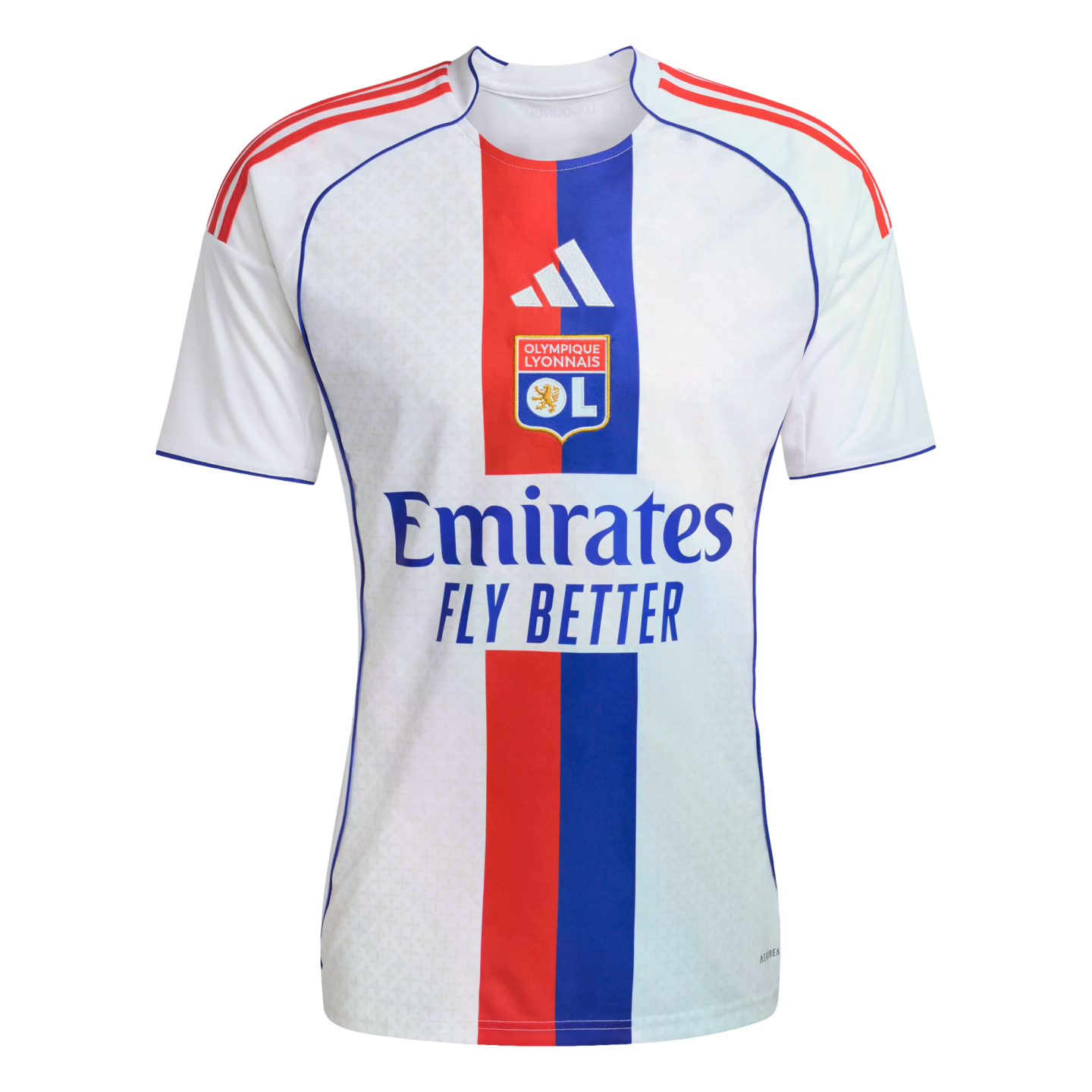 White Olympique Lyonnais soccer jersey with a central red and blue vertical stripe. Includes team crest, Adidas logo, and blue "Emirates FLY BETTER" sponsor text.