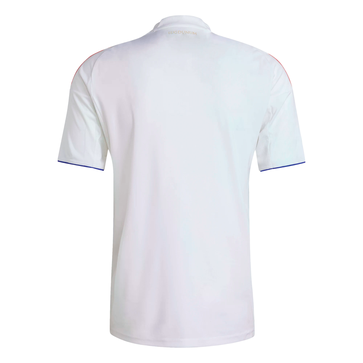 Rear view of a white short-sleeve soccer jersey with red and blue sleeve trim and gold "LUGDUNUM" text on the back collar.