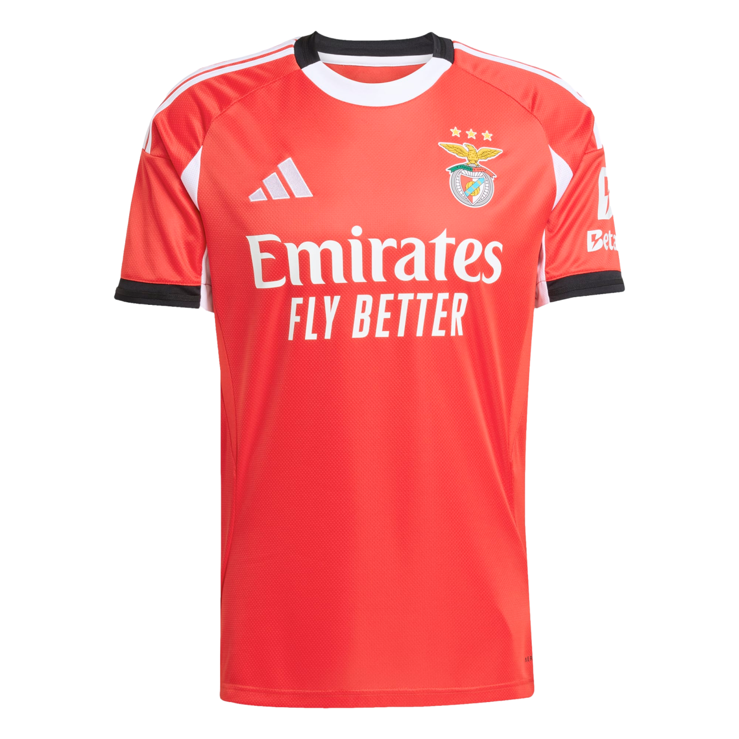 Red SL Benfica home soccer jersey with white Adidas logo, club crest, and "Emirates FLY BETTER" sponsor. White and black trim on the collar and sleeves.