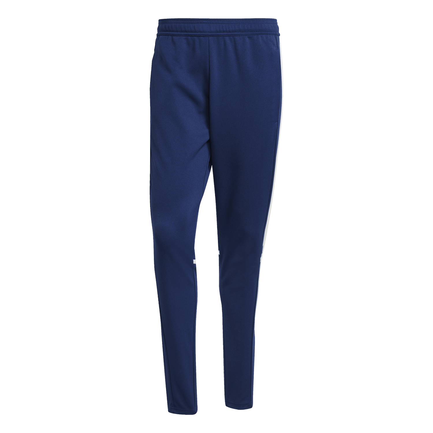 Navy blue slim-fit athletic pants with thin white side stripes, displayed on a plain white background.
