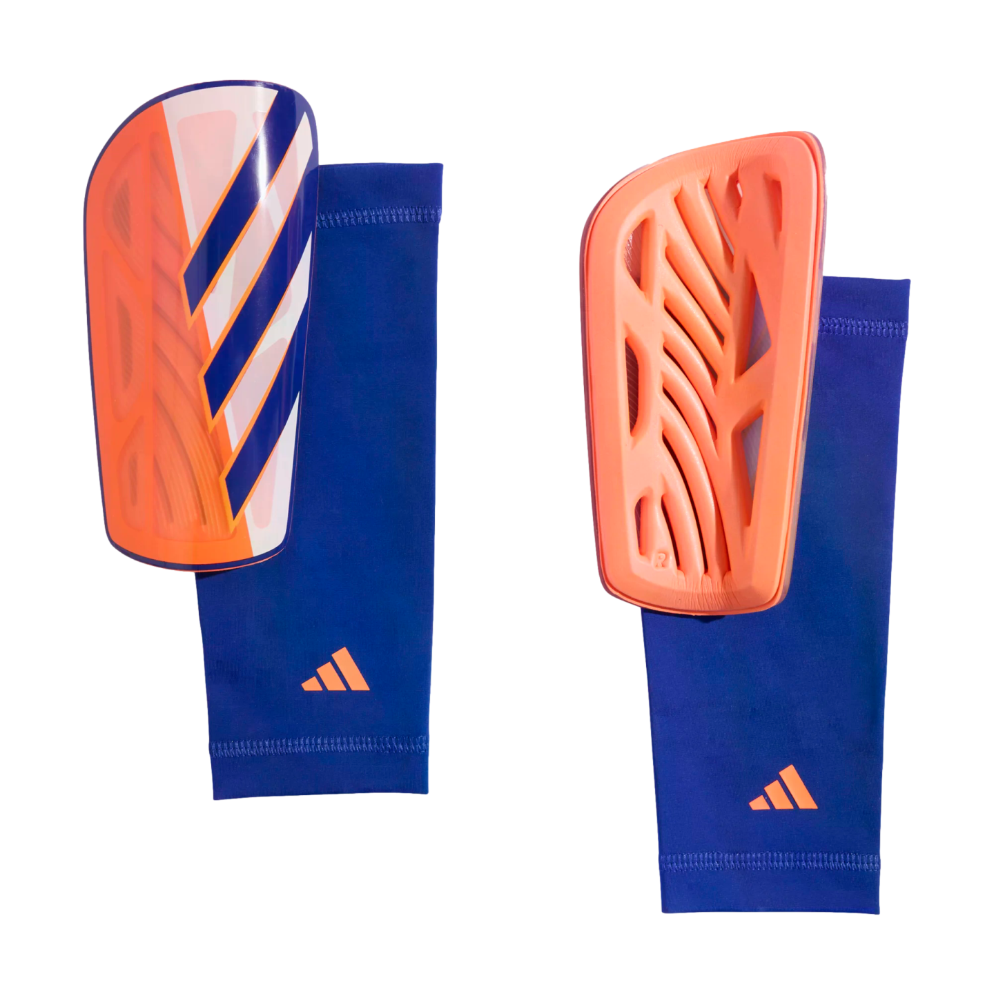 A pair of orange and navy blue Adidas soccer shin guards shown with matching compression sleeves.
