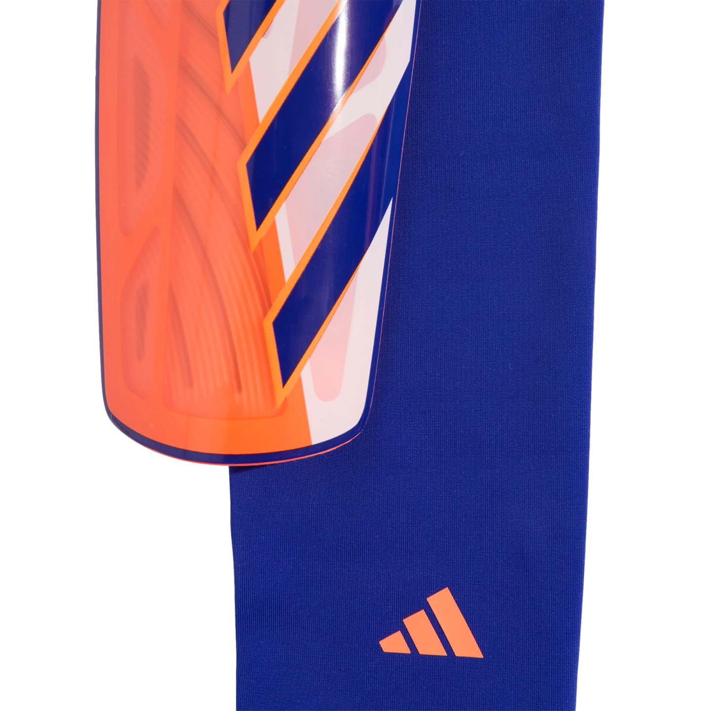 Royal blue and orange Adidas shin guard and compression sleeve with diagonal stripes and brand logo.