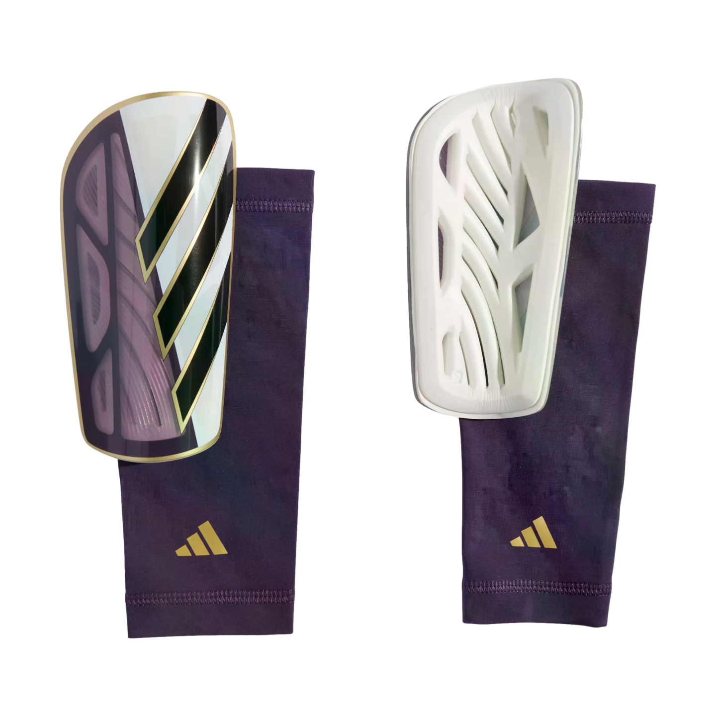 Front and back views of Adidas shin guards and matching purple compression sleeves. The guards feature a purple, white, and gold design with iconic stripes.