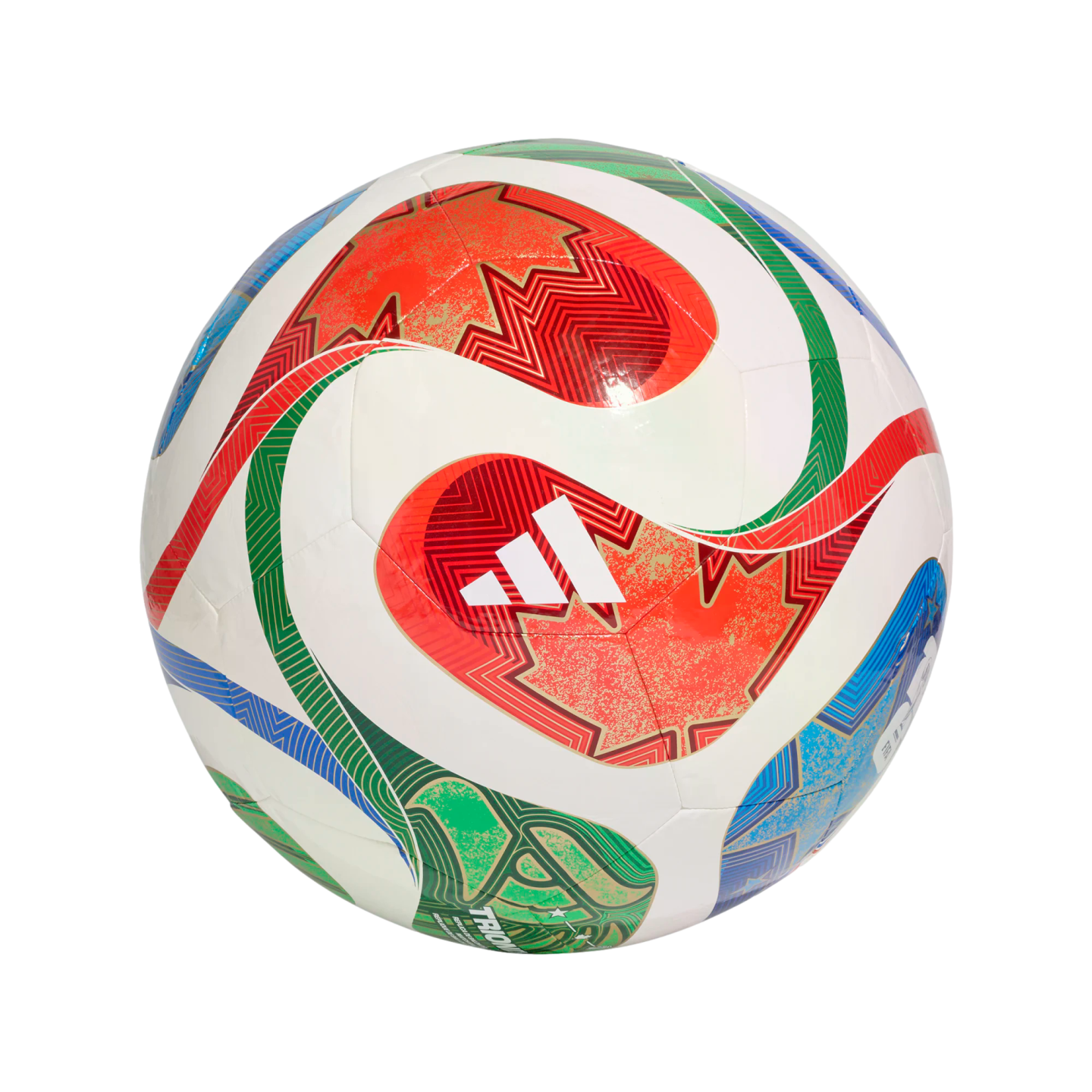 A white Adidas soccer ball featuring vibrant red, green, and blue graphic patterns with maple leaf motifs, isolated on a black background.