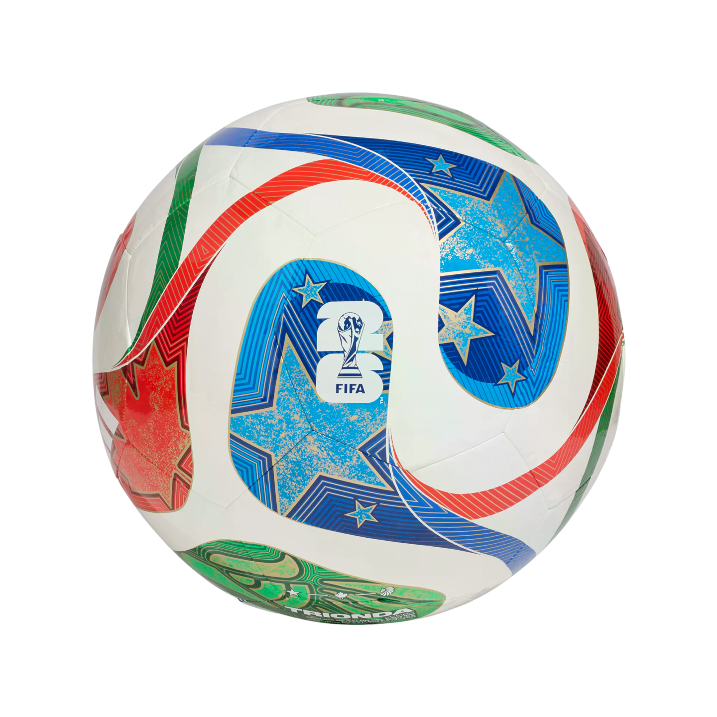A white soccer ball featuring red, blue, and green graphic patterns of stars and stripes, prominently displaying the official 2026 FIFA World Cup logo.