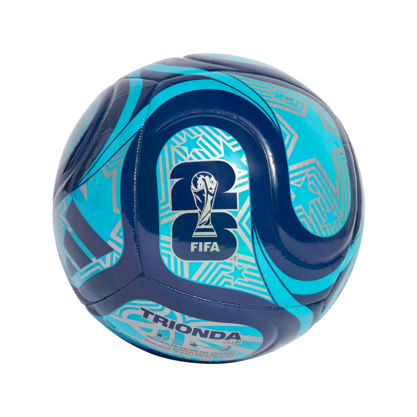A blue and light blue Adidas soccer ball featuring geometric star patterns, the FIFA World Cup trophy, and "26" branding.