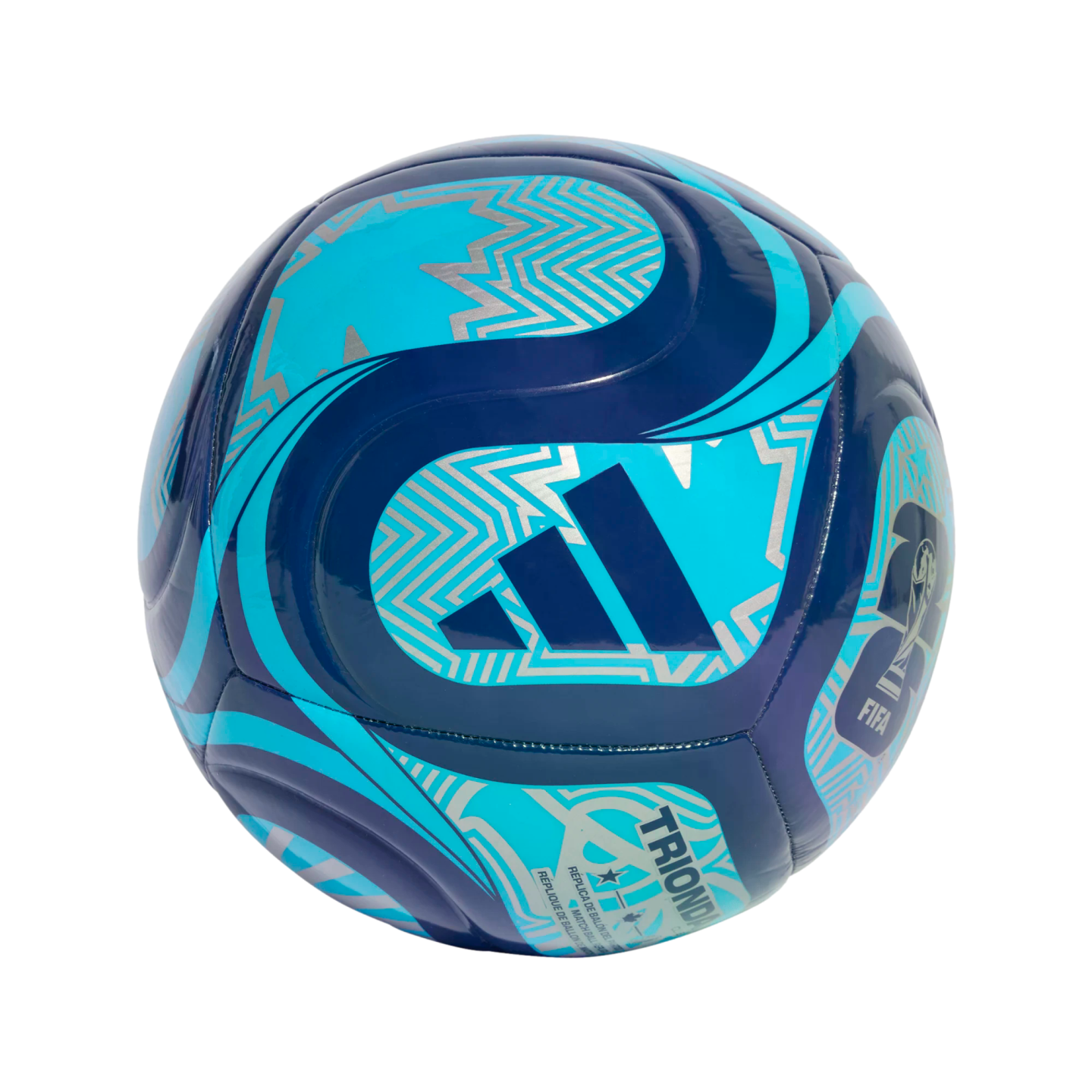 A navy and cyan Adidas soccer ball with silver zig-zag patterns and the FIFA logo, isolated on a black background.