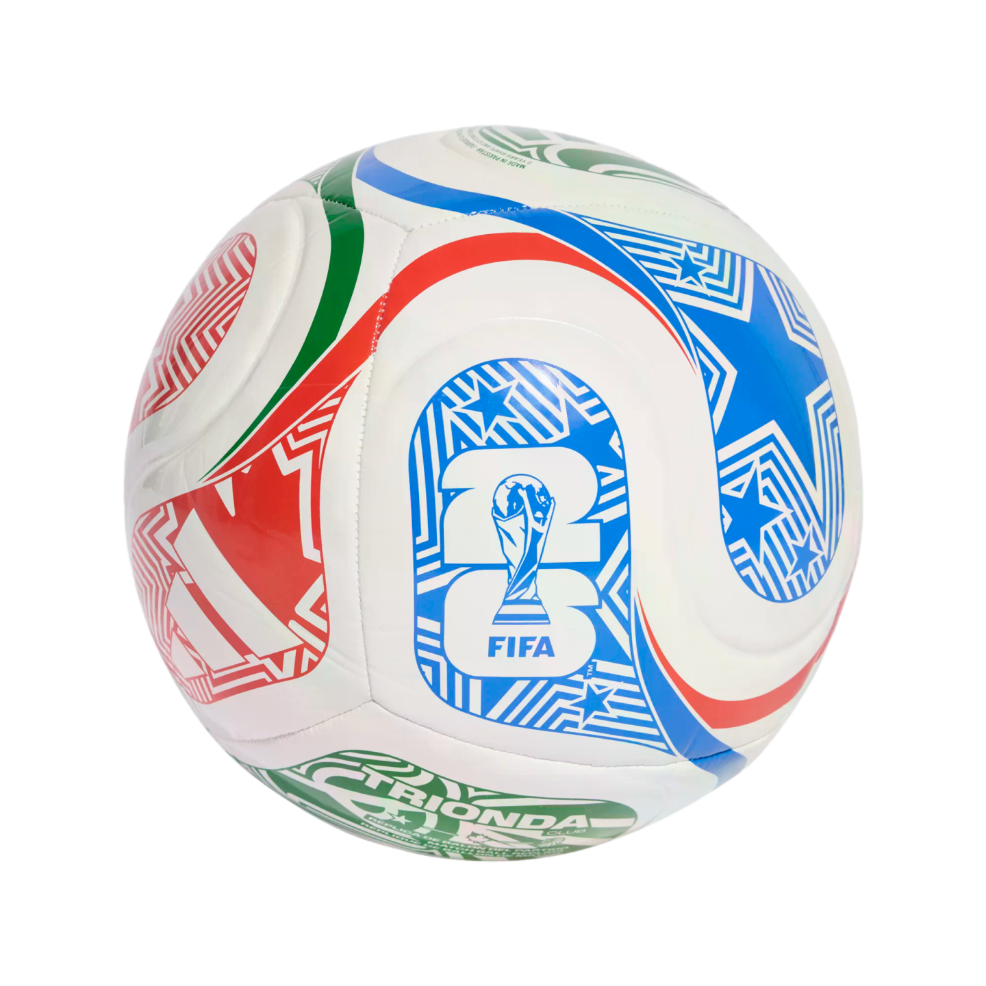 White soccer ball with red, green, and blue geometric patterns. Features a blue FIFA World Cup 26 logo and a green "TRIONDA CLUB" emblem.
