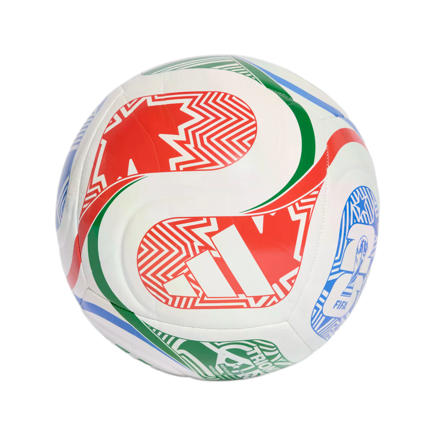 A white soccer ball with colorful red, green, and blue patterns representing the 2026 FIFA World Cup host nations: Canada, Mexico, and the United States.