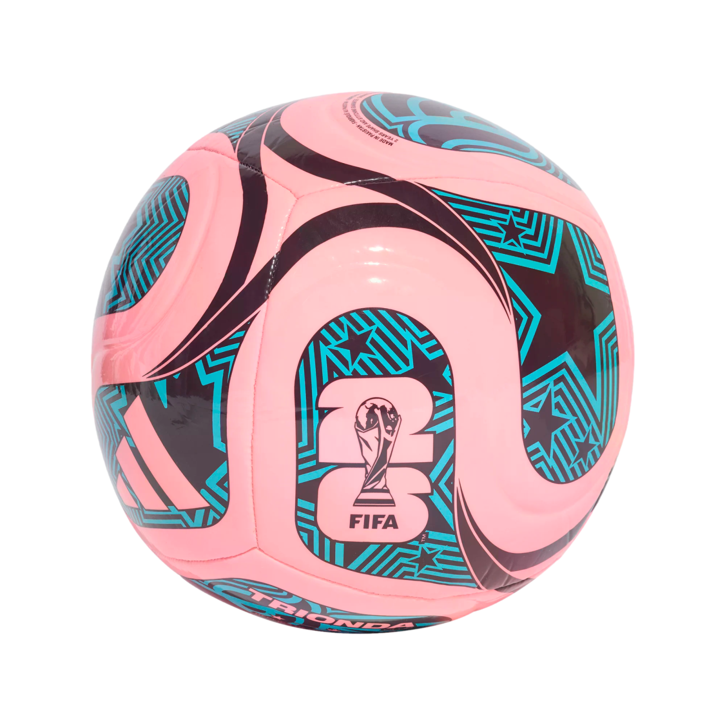 Pink soccer ball with teal and black geometric star patterns, featuring the Adidas three-stripe logo and the official FIFA World Cup 26 logo.