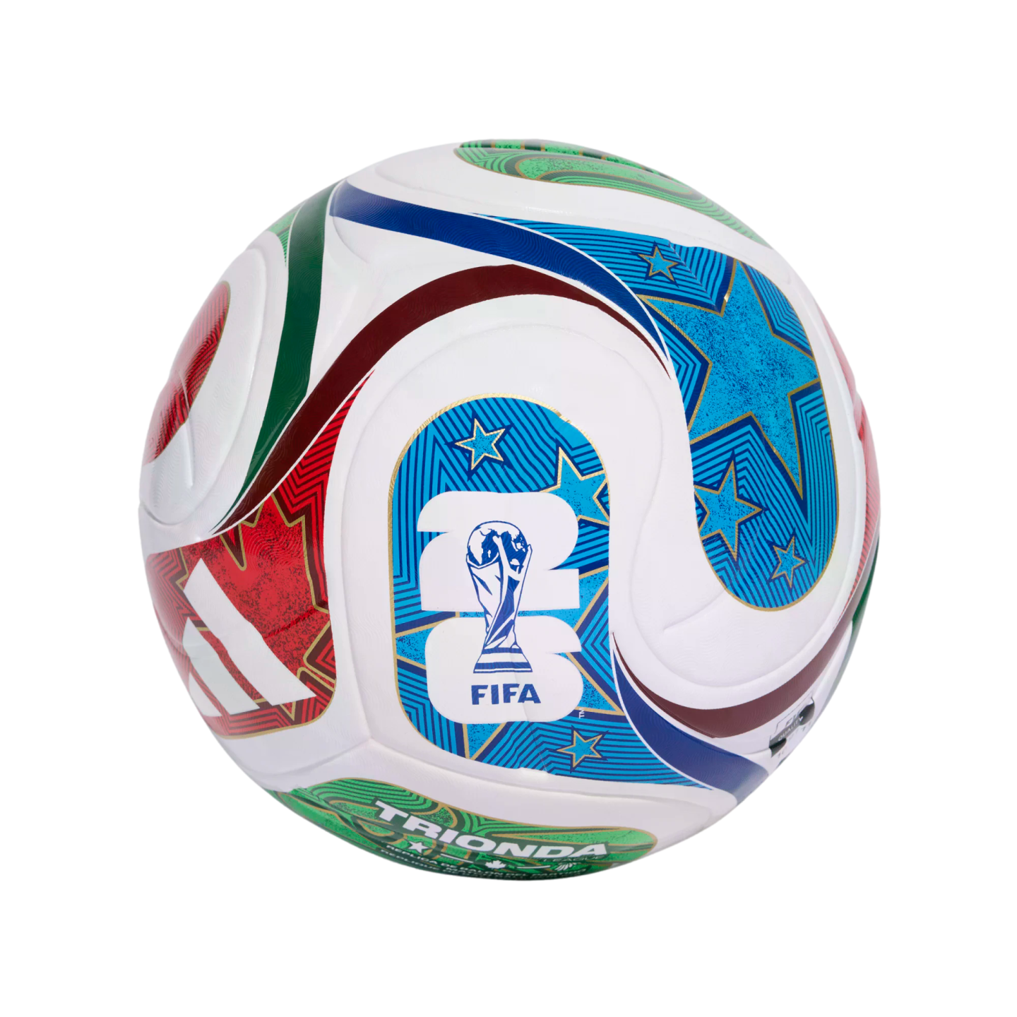 A white soccer ball featuring colorful red, green, and blue patterns, stars, the Adidas logo, and the 2026 FIFA World Cup trophy emblem.