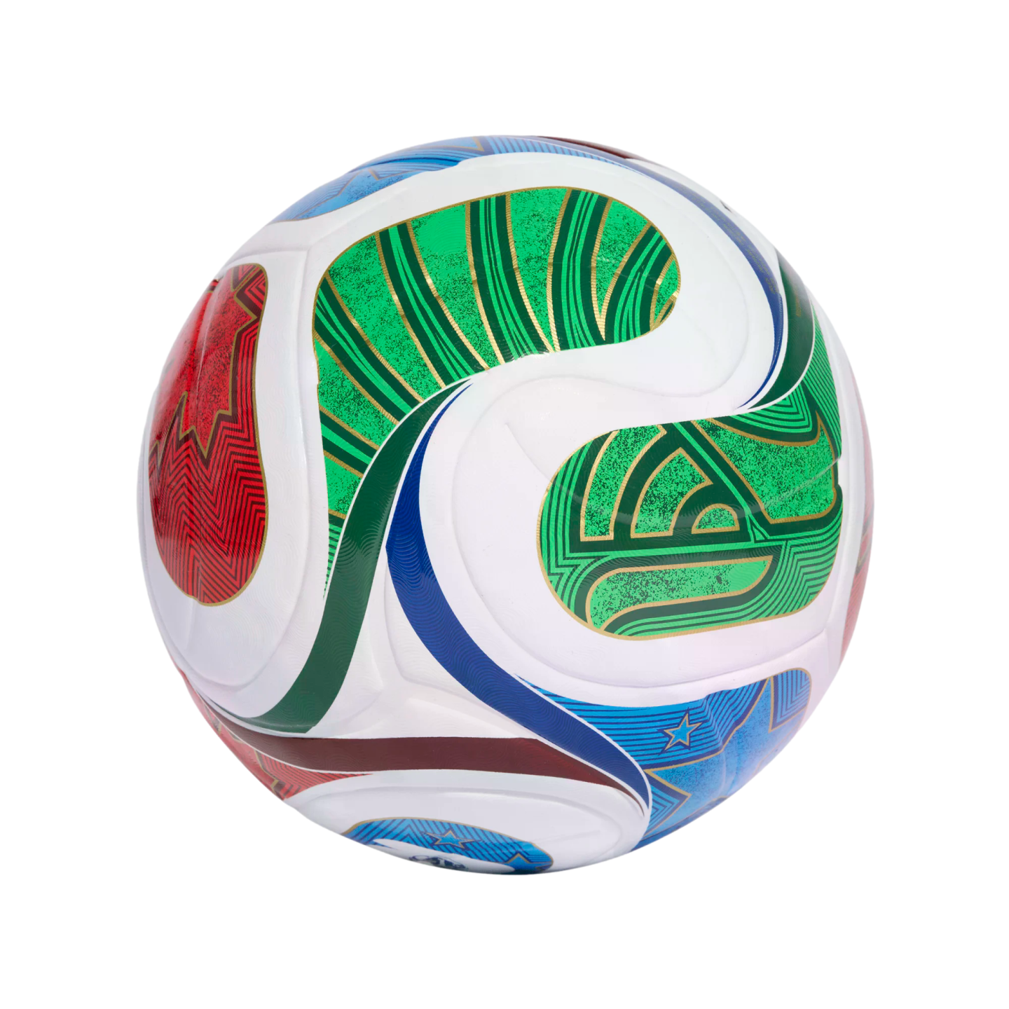 A white soccer ball decorated with vibrant, intricate patterns in green, red, and blue, isolated against a solid black background.