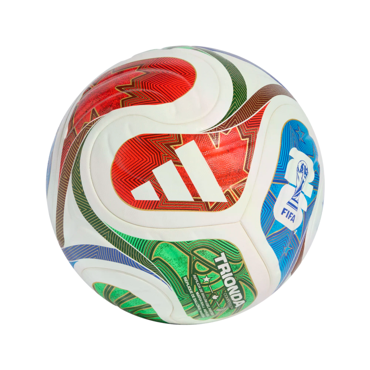 White Adidas soccer ball with red, green, and blue curved patterns. Features the Adidas and FIFA logos with "TRIONDA COMPETITION" text.