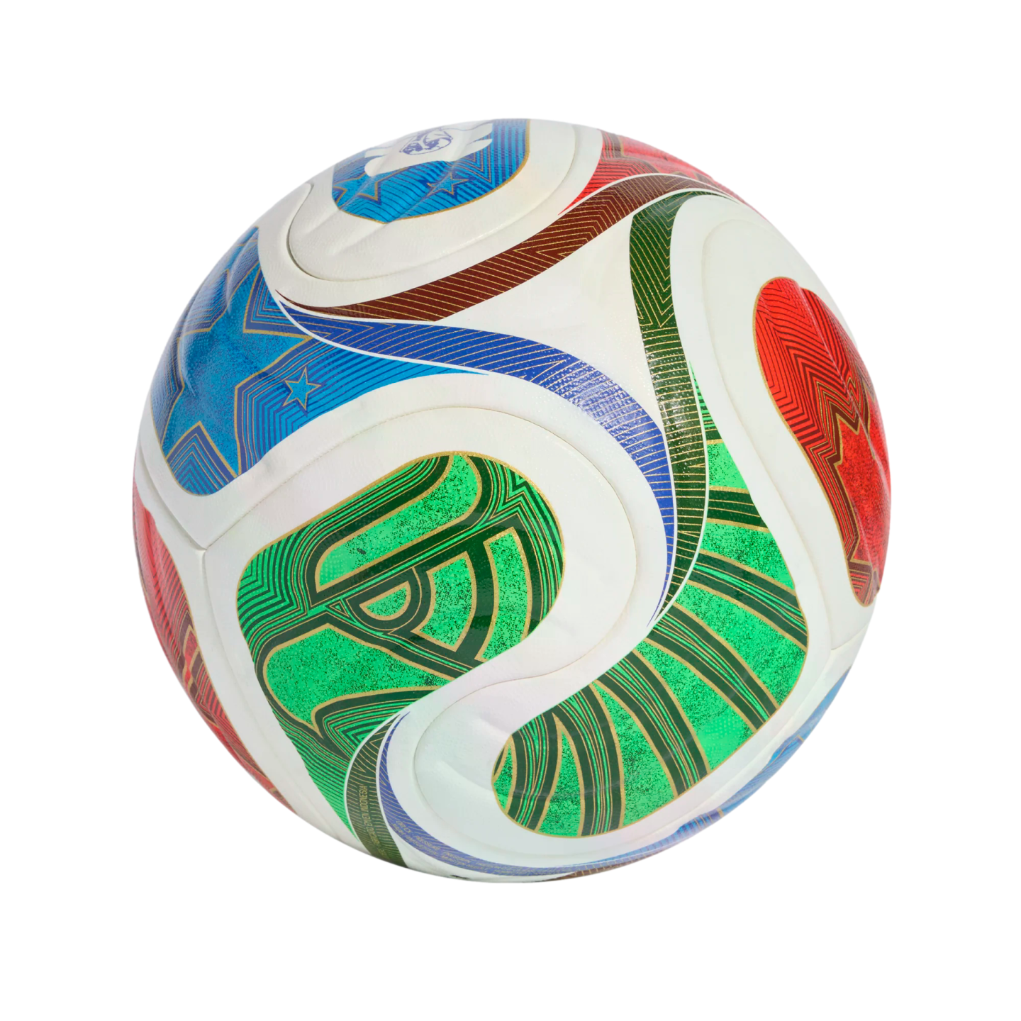 A white soccer ball featuring vibrant, multi-colored swirling patterns in green, blue, and red with intricate gold-toned line designs.