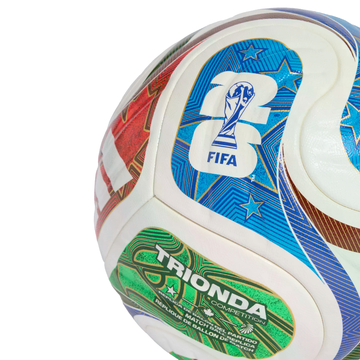 Close-up of a white soccer ball featuring colorful graphics, including a blue FIFA 26 logo with the World Cup trophy and a green "TRIONDA COMPETITION" patch.